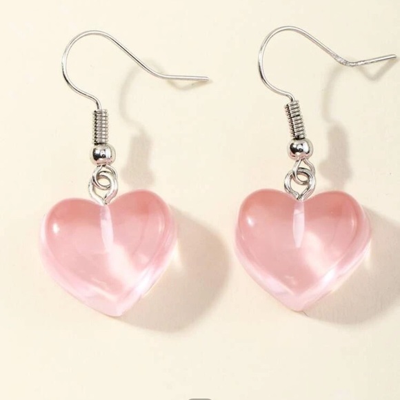 Transparent pink heart earrings handmade new - Picture 2 of 4